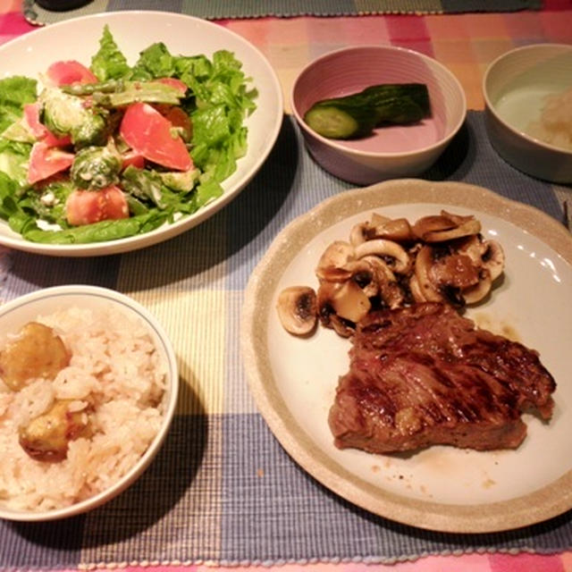 お祝い膳のはずが～～～～めんつゆで作る栗ご飯とリブアイ ステーキ