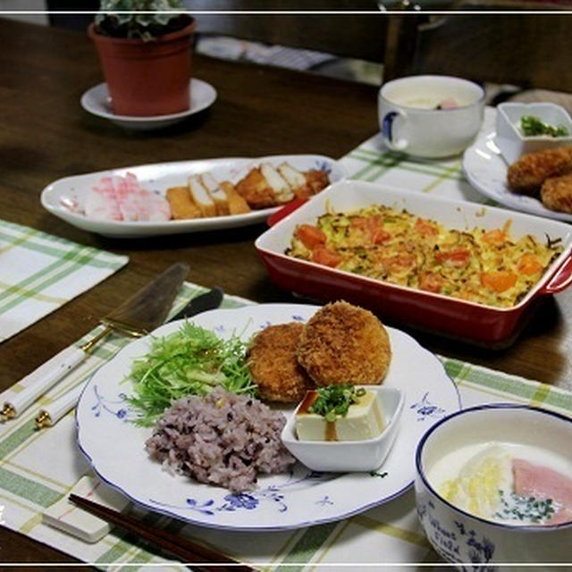 卵とキャベツのふわふわチーズ焼き＆お土産のコロッケ　引越しが終わった～