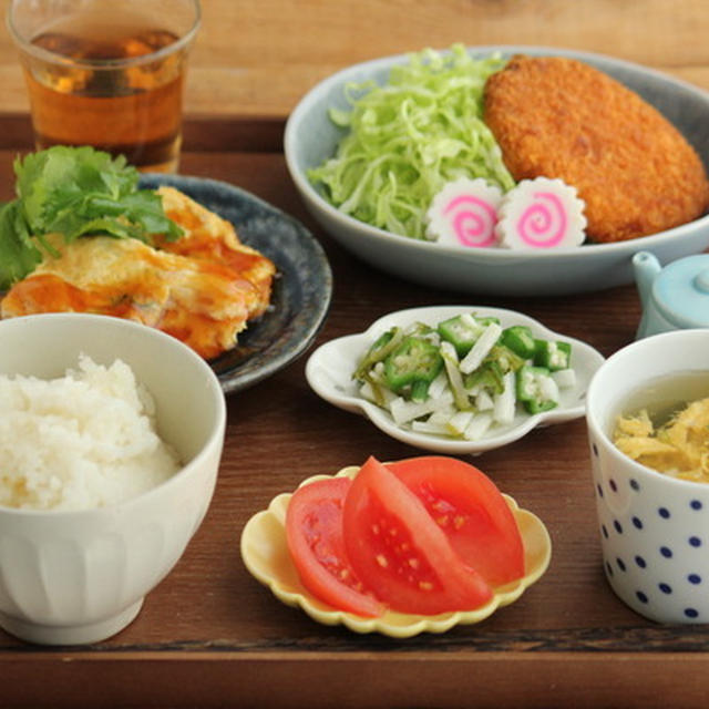 かに玉とコロッケ献立