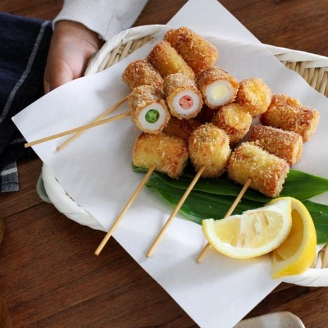 父の日に子供と作れるおつまみレシピ♪ちくわの3色串揚げ