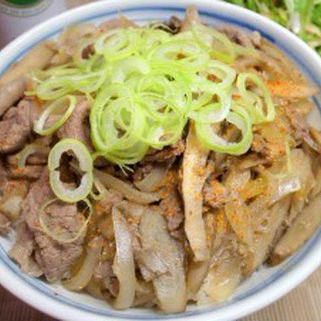 ごぼうと舞茸の牛丼、水菜とミョウガのサラダ