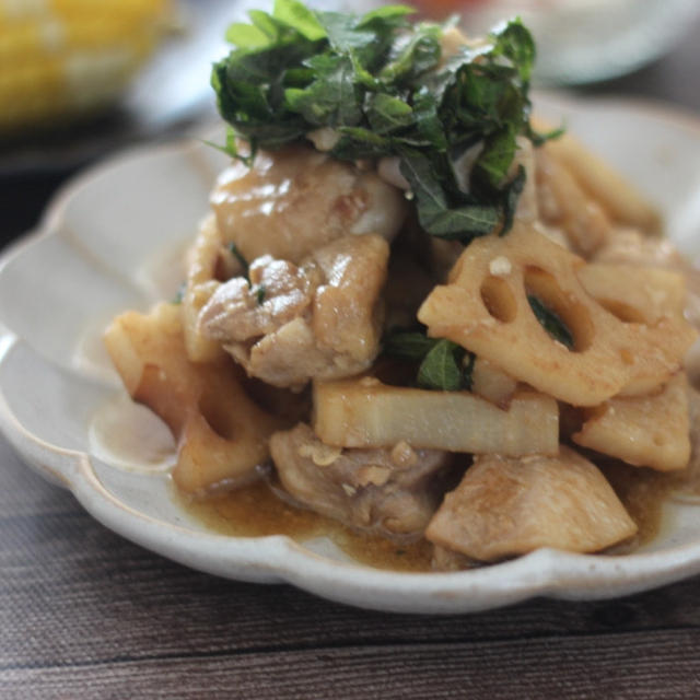 鶏肉と蓮根の甘酒バター醤油しそ炒め