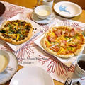 インカのめざめとベーコンのピザ　と　カボッコリーと味噌仕立てのミートソースピザ。