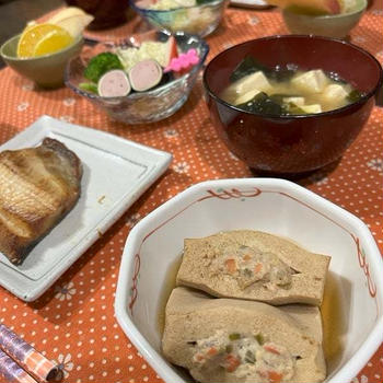 【おうちごはん】優しい味！【挽き肉詰め高野豆腐の煮物 de 夕食】と【おつまみ】と【息子弁当】