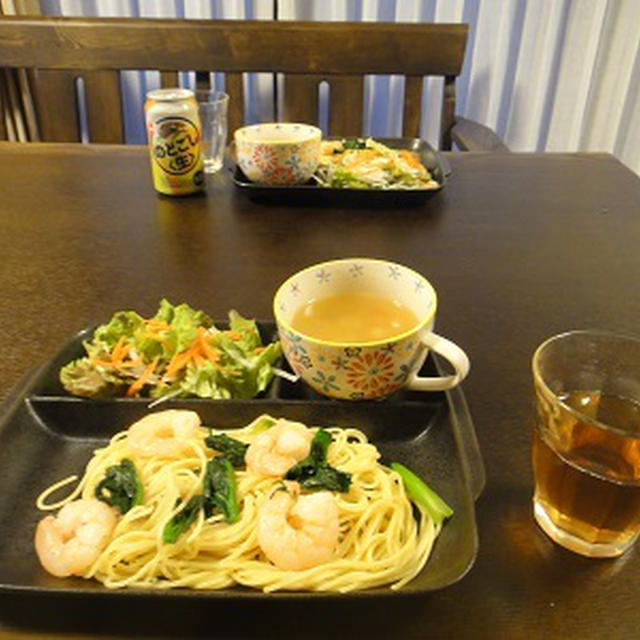 ２月２１日の夕飯　***　えびとほうれん草のスパゲティ　***
