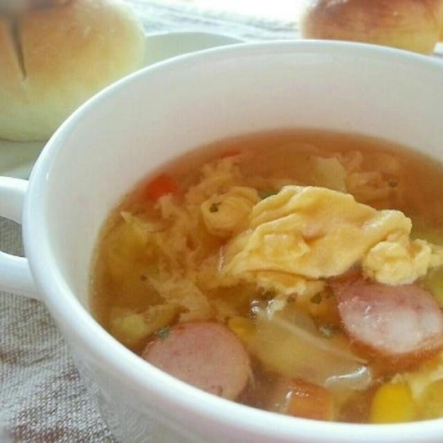 子どもが作る♪簡単朝ごはん　「春キャベツとふわふわ卵の簡単スープ」