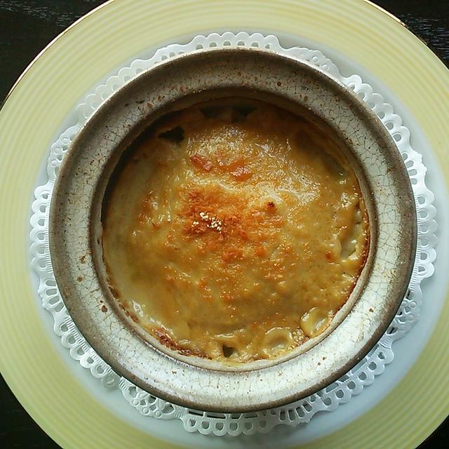 酒粕と味噌を使った豆乳グラタン♪具材は甘酒でかもした鶏むね肉と玉ねぎです!!
