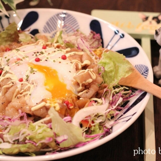 昼カフェ☆豚バラの甘辛温玉のっけごはん（レシピ）花子のイメージキャラ決定？？