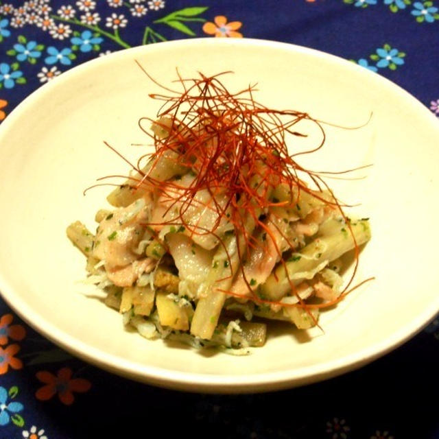 ゴボウと豚肉の磯の風味バターソテー