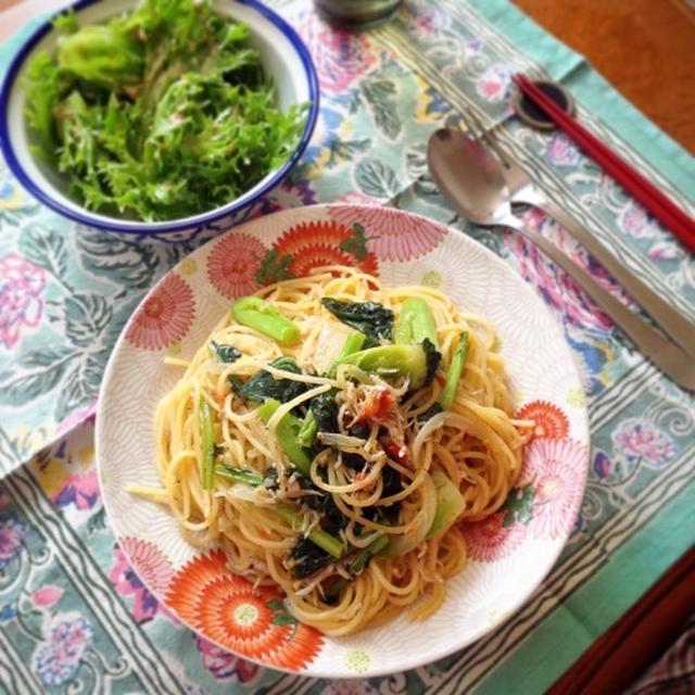 蕾菜としらすのオイルパスタ