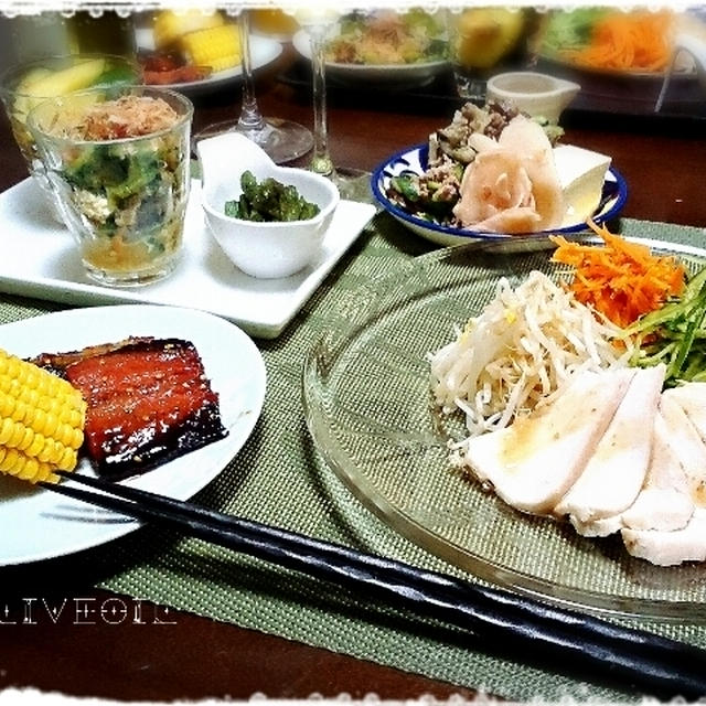 レンチン蒸し鶏とかインゲンとかとにかく盛りだくさん晩ご飯