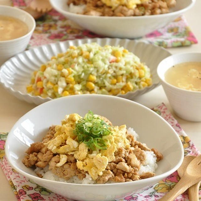 簡単おいしい！こくウマ♡甘辛そぼろ丼がメインの節約献立 