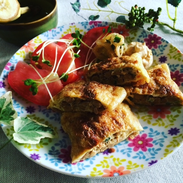 油揚げ巾着☆たま納豆焼き～きな粉マヨネーズ添え～