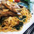 ■昼ご飯【茄子の豚肉巻ガーリックバター醤油パスタ】モロヘイヤ入りです。