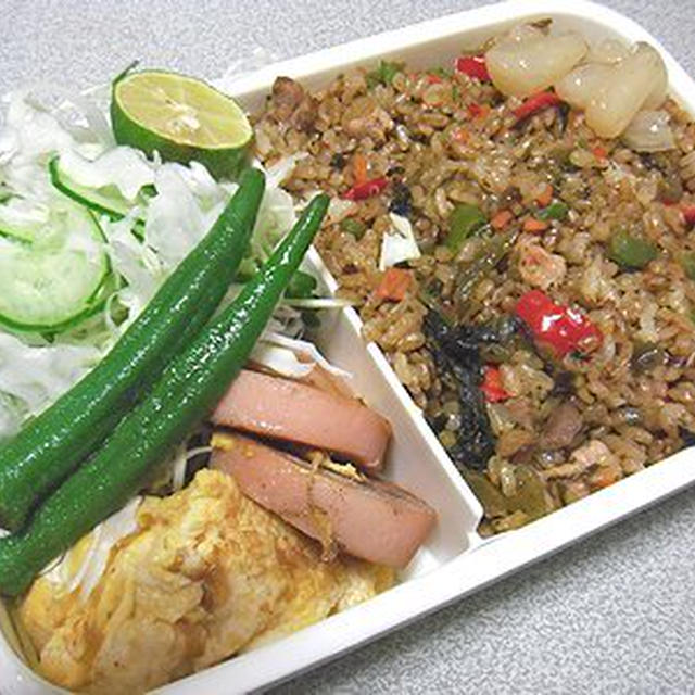 焦った高菜炒飯弁当。外見るきなこ