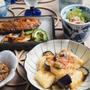 和食晩ごはん♪一口豆腐と茄子の揚げ出し風・さばの甘辛ふりかけ・林檎の白和え