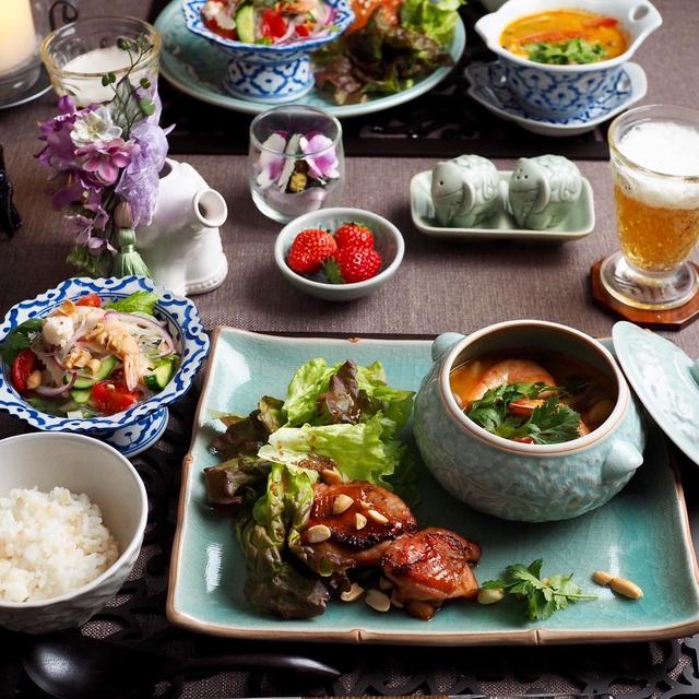 タイ料理の晩ごはん♪ガイヤーン・トムヤムクン・ヤムウンセン