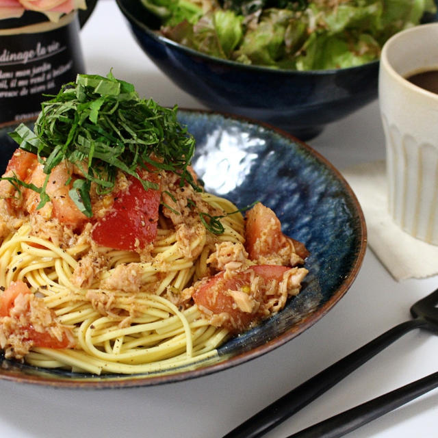 6月3日ꕤトマトツナ大葉の冷製パスタ❁塩麻婆豆腐❁.*･ﾟ