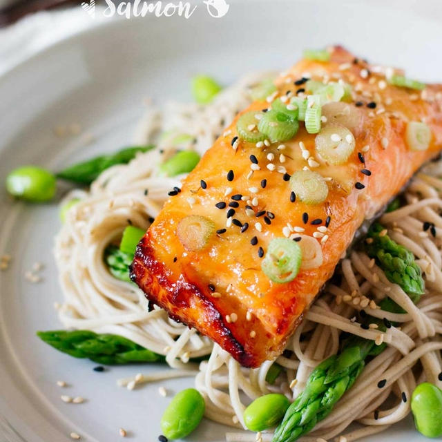 Miso glazed Salmon with soba noodles