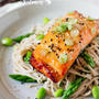 Miso glazed Salmon with soba noodles