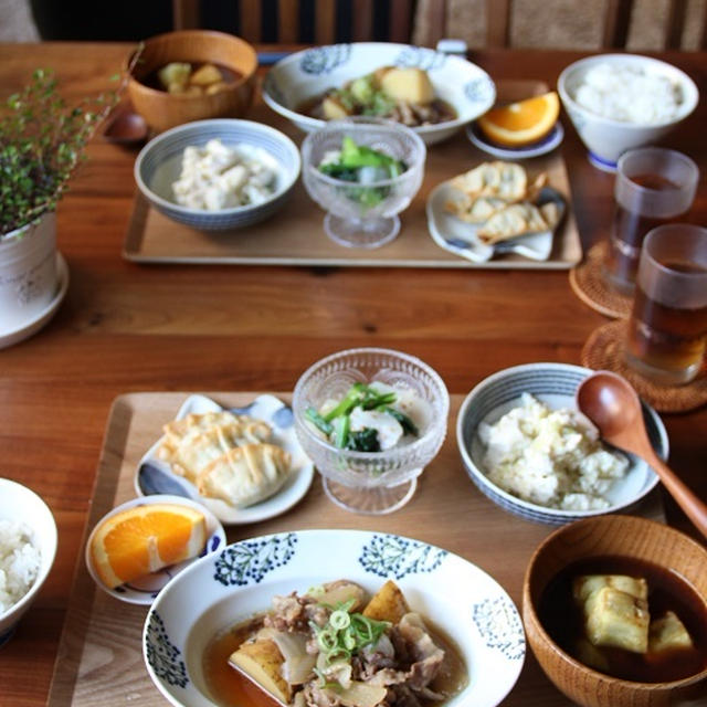 肉じゃが。たいと小松菜のお刺身ナムル。