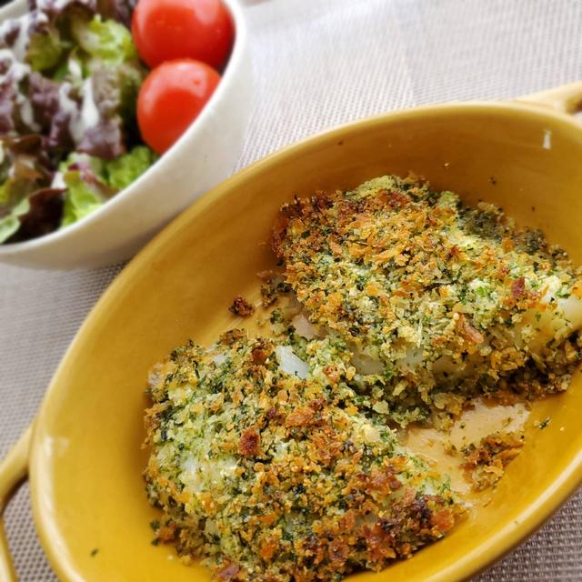 トースターで簡単♪【減塩】白身魚の香草パン粉焼き風(アジ、サケなどでもOK)