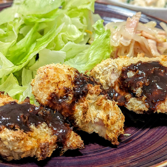 ひと口とんかつと海老とアスパラ菜の白和え
