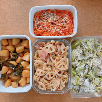 12/1に作った、作り置きおかず（人参ナムル、じゃがいもとピーマンの煮物、蓮根とベーコンのきんぴら、キャベツのゆかり和え）