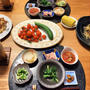 ごま高菜の焼きそば、きゃべ玉、プランターのプチトマトときゅうり、小鉢6品で晩酌