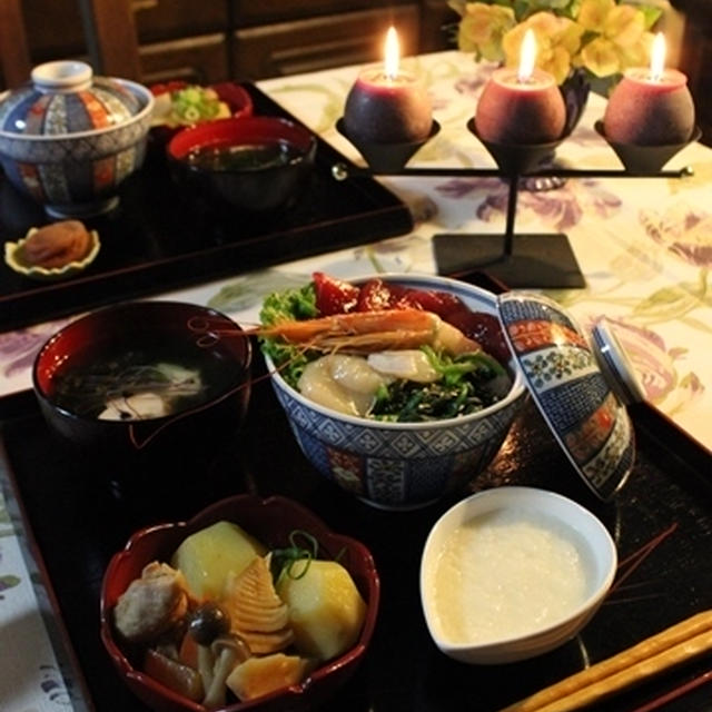 とある日のお夕飯♪　～男子喜ぶ丼 de キャンドル卓～