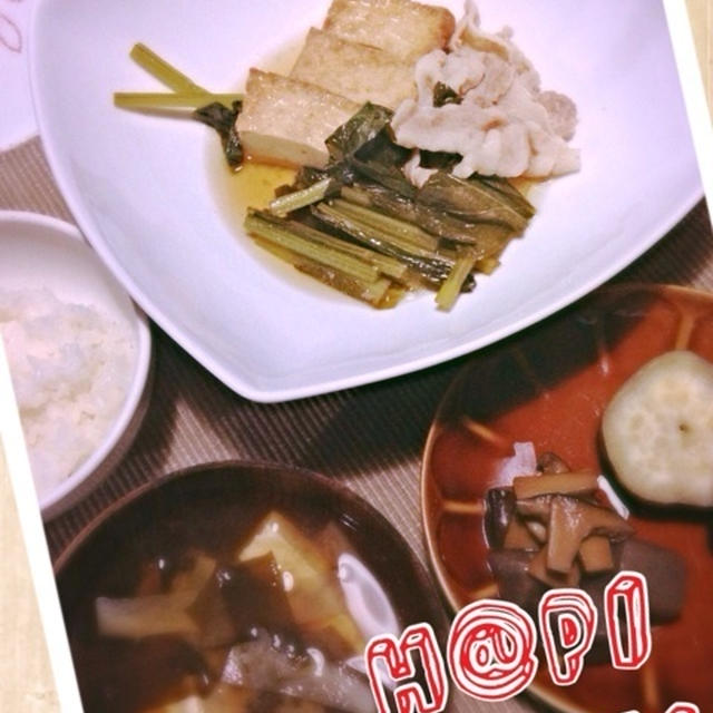 小松菜と豚肉と厚揚げの炊いたんで晩ごはん