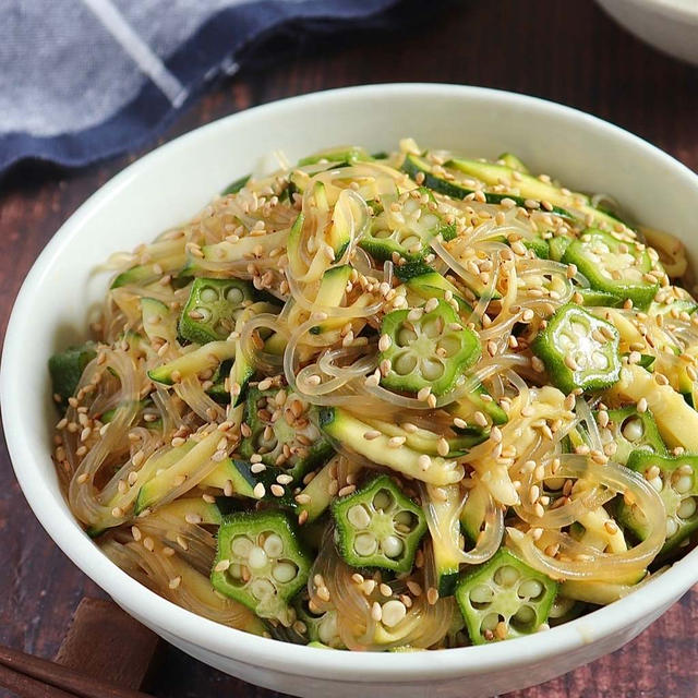 夏野菜がたくさん！生でも美味しい『細切りズッキーニとオクラの中華サラダ』ラン活の結果。