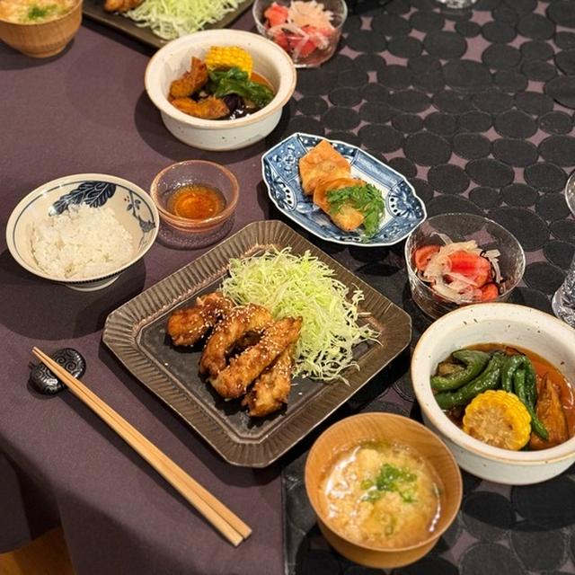 鶏むね肉のスタミナ照り焼と揚げ浸しとかの夜ごはん（揚げ物多め）