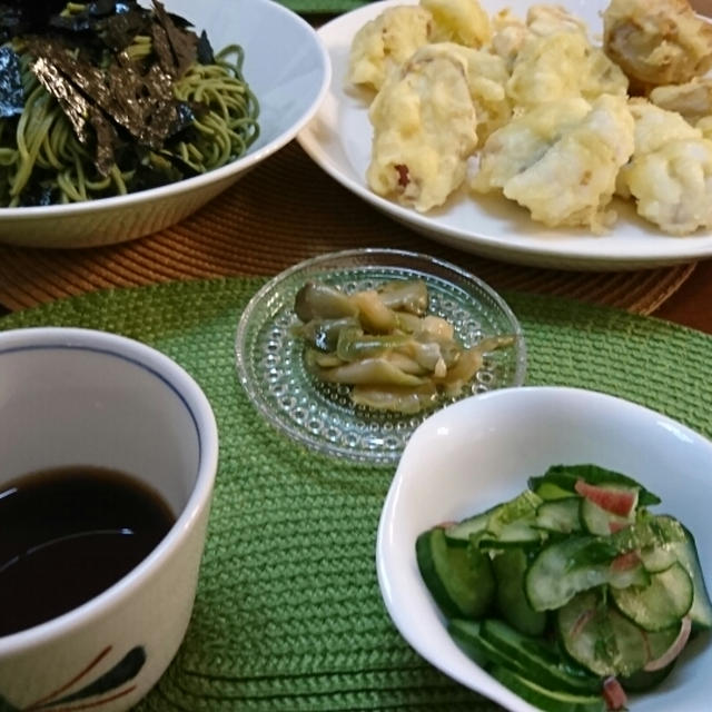 天ぷらと茶蕎麦で晩御飯
