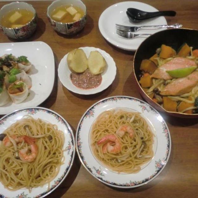 石狩煮込み　ぶなしめじの和風パスタ　キムチの生春巻き　じゃがバターの塩辛添え　かぼちゃのお吸い物