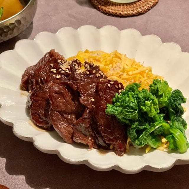 牛佃煮風焼きの3食丼の夜ごはん