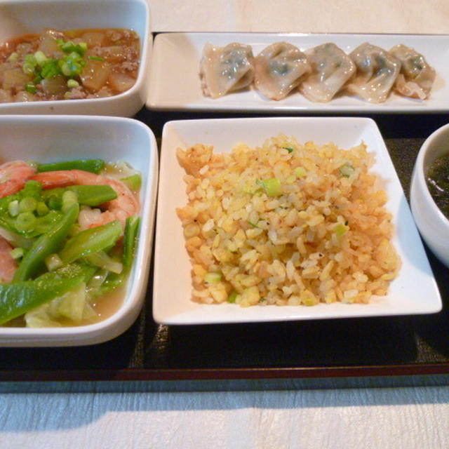 キャベツとエビの塩だれ炒めと大根マーボーの献立　夕ご飯