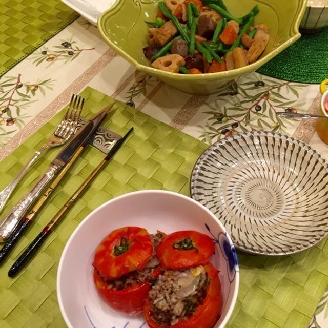 トマトファルシ、筑前煮、シラスとエビ