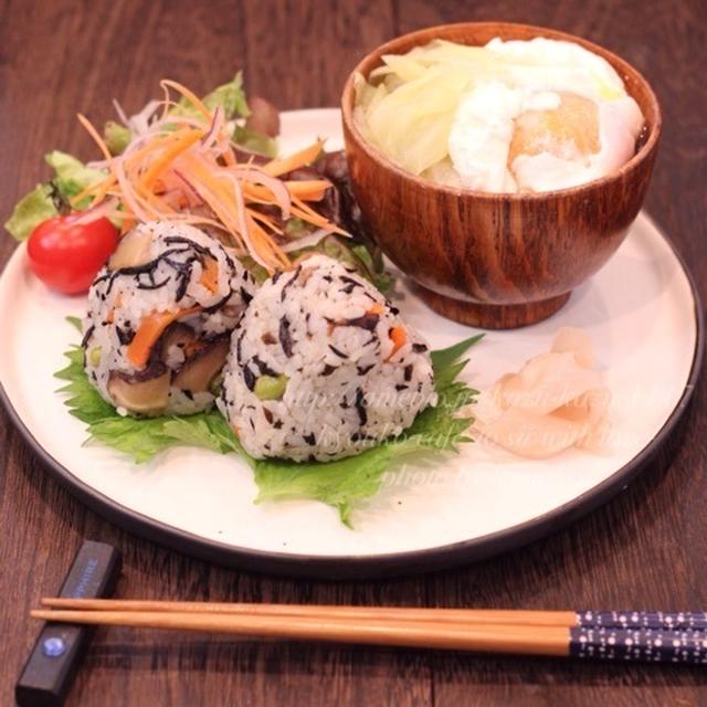 朝カフェ☆ひじきのおにぎりな和モーニング