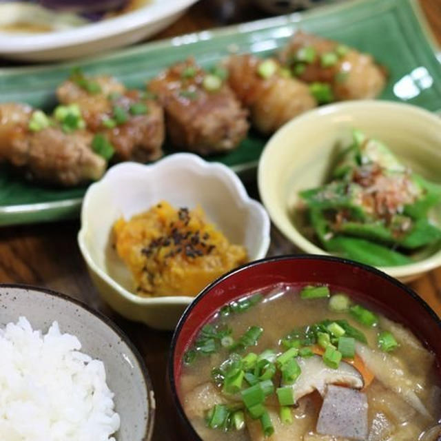 長ネギの豚肉巻き照り焼き　と　お総菜献立♪