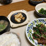 レバニラ、山芋のバター醤油炒め、三つ葉とほうれん草の柚子胡椒ポン酢和え、茄子としめじのお味噌汁