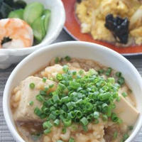 「揚げ玉豆腐」と中華風パエリアが中心の夕食