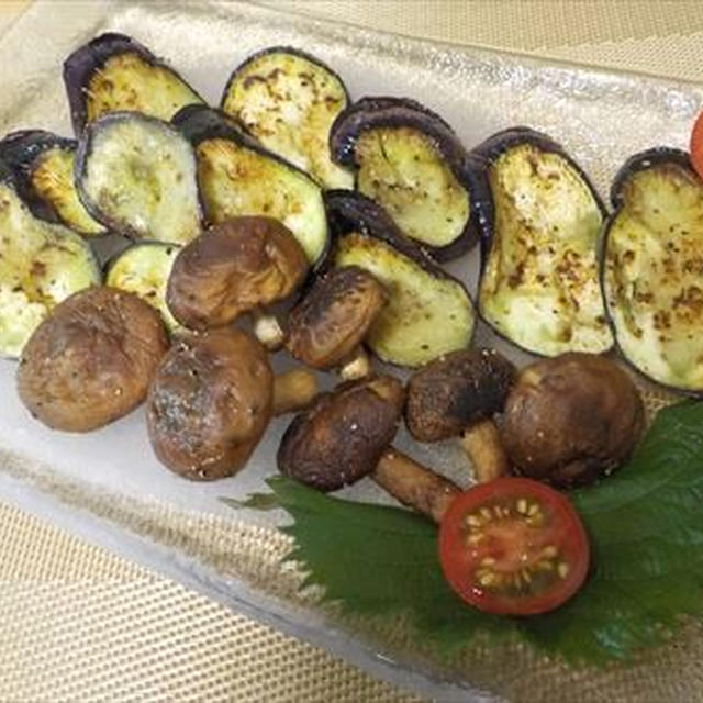 ナスと椎茸のフライパン焼きと萩産甘夏