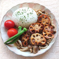 肉肉しいれんこんの挟み焼きしめじ煮ビーフストロガノフ