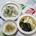里芋とれんこんのさっと煮、おでんの粉かけご飯、本日のお味噌汁