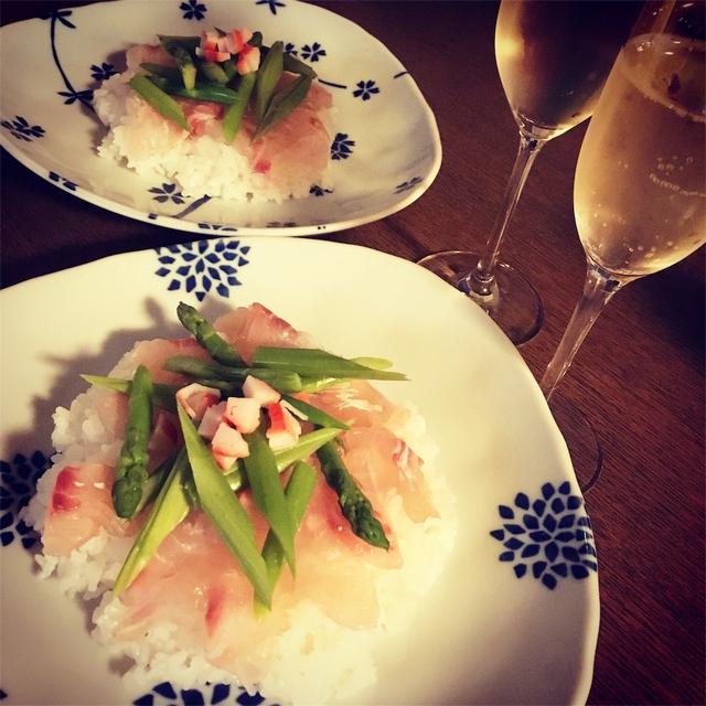 夏休み明けにピッタリ！鯛とアスパラの昆布〆チラシとワイン【お寿司とワイン】