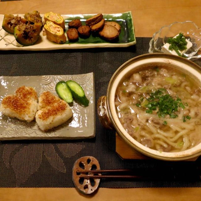 肉うどん　と　ハートの焼きおにぎり♪