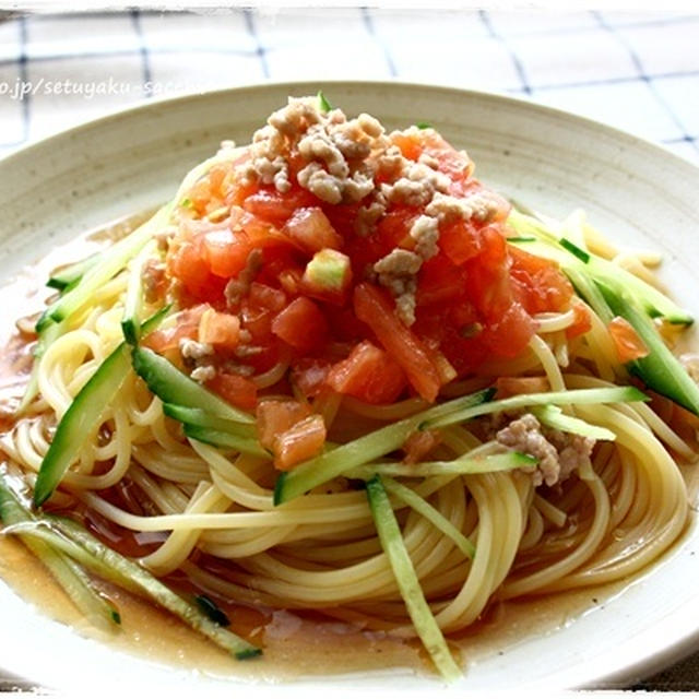 めんつゆで出来る！簡単スパゲティのトマト冷やし中華(人´∀｀)．☆