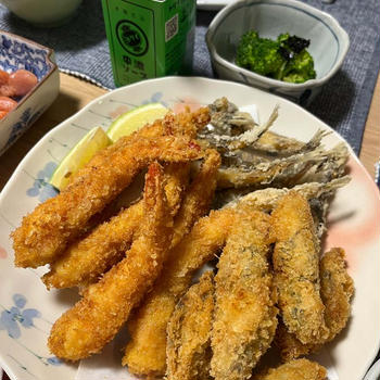 牡蠣&海老フライ、めひかりの唐揚げ☆息子さんが来た日の夕飯