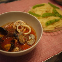 ハーブ香る魚介のトマトスープ、つけパスタ（モニター）